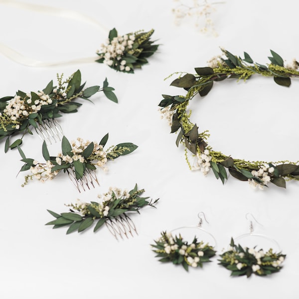 Ensemble de mariage de verdure Couronne de fleurs Bracelet pour la mariée Petit peigne à cheveux de verdure Mariage souffle de bébé Mariée 2021 Fait main Magaela Fait sur mesure