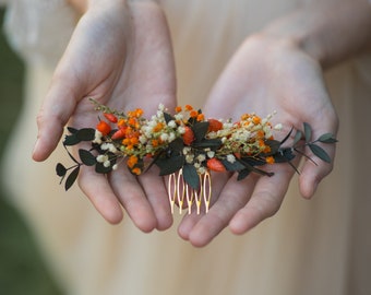 Peigne à cheveux d'automne naturel Peigne à cheveux fleur Fleurs de cheveux Eucalyptus Souffle de bébé Mariage automne brûlé peigne à fleurs orange Accessoires de mariage