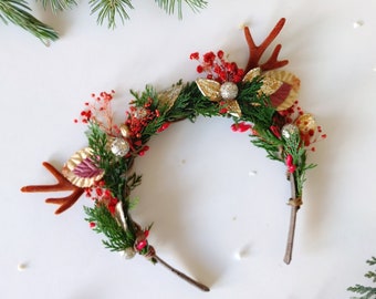 Christmas flower headband with antlers Flower deer hairband Xmas party headband Wedding accessories Christmas photoshoot Magaela