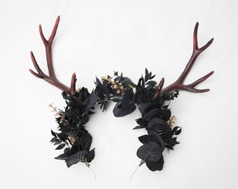 Black Flower Crown with Antlers: Halloween Headband