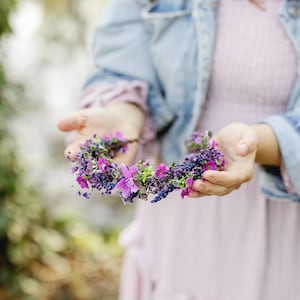 Purple flower half crown Bridal headpiece Durable wreath 2021 Wedding Lavender Natural looking crown Magaela Violet wedding accessories image 9