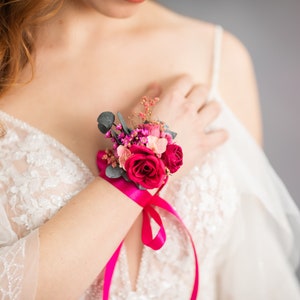 Fuchsia flower bracelet Magenta bridal bracelet Romantic Pink rose wrist corsage Bridesmaid gift Wedding accessories Magaela jewellery image 5