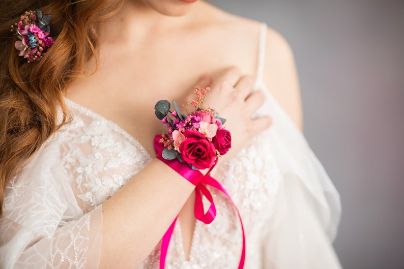 Fuchsia flower bracelet Magenta bridal bracelet Romantic Pink rose wrist corsage Bridesmaid gift Wedding accessories Magaela jewellery image 5