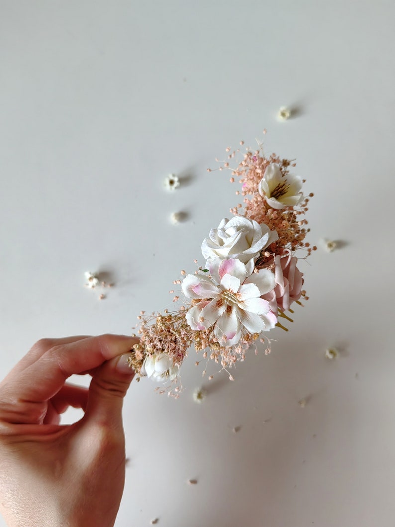 Romantic bridal hair comb Pink cream hair vine Bridal hair vine Bridal hairstyle Spring wedding Rustic wedding Flower hair accessory Magaela image 6