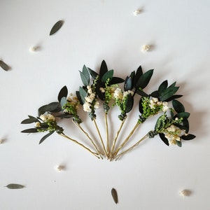 Greenery hairpins Baby's breath eucalyptus hair pins Wedding headpiece Green Bridal pins Bride to be Natural ivory hairpins Customisable image 1