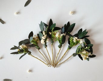 Greenery hairpins Baby's breath eucalyptus hair pins Wedding headpiece Green Bridal pins Bride to be Natural ivory hairpins Customisable