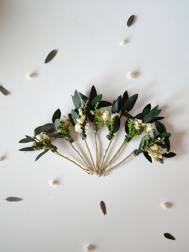 Greenery hairpins Baby's breath eucalyptus hair pins Wedding headpiece Green Bridal pins Bride to be Natural ivory hairpins Customisable image 1