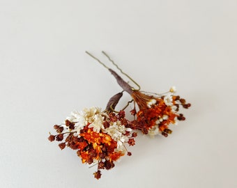 Fall dried flower hairpins Autumn burnt orange rusty and ivory hairpins Wedding Bridal hair accessories Natural preserved hairpins Magaela