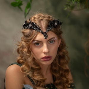Black and silver tiara Fairy hair crown Elf crown Lord of ring Fantasy crown Gothic wedding Bridal flower crown  Magaela Black wedding