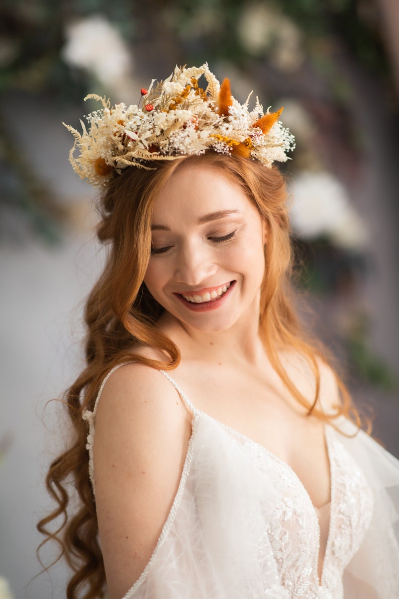 Large boho flower hair crown Dried and preserved wedding hair crown Burnt orange bridal crown Ivory Wedding headband Bride to be Magaela image 1