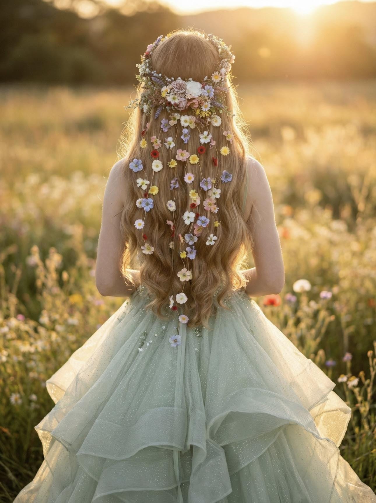 Meadow Floral Wedding Hair Wreath and Comb with Flower Veil: Boho…