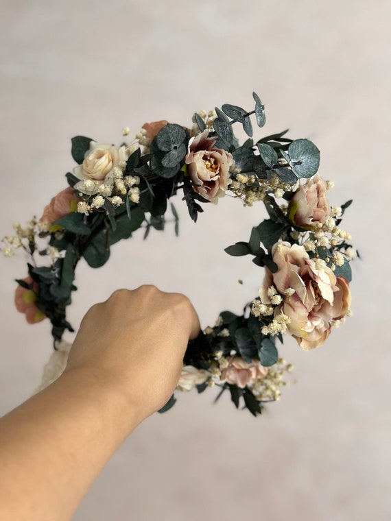 3 Cream flower and Eucalyptus Hair Wreaths EUCALYPTUS 3/4 Wreath | Preserved Eucalyptus Minimalist of  main image 3