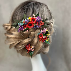 Small folk wedding flower comb Bride to be Poppy flowers bridal comb Slavic wedding Wedding accessories Hair flowers Magaela Colourful comb image 7