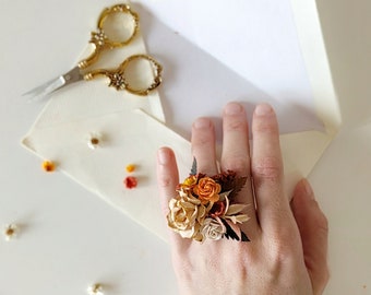 Terracotta and brown ring Autumn colors Adjustable rings Bridal flower accessories Jewelry Wedding accessories Magaela Floral jewellery