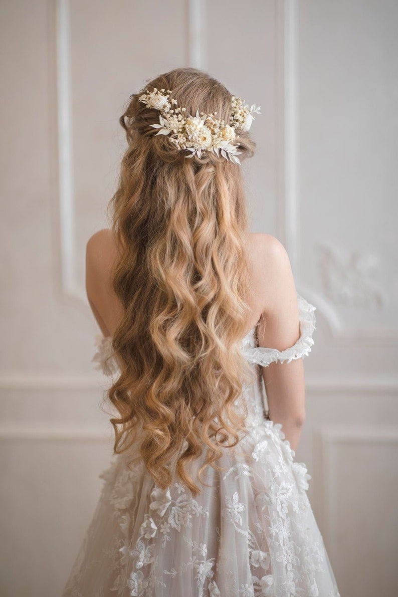 Arreglo de pelo de flores de boda de marfil con flores preservadas Tocado de boda Enredadera de pelo blanco Flores de pelo nupcial Pieza de pelo blanco imagen 1