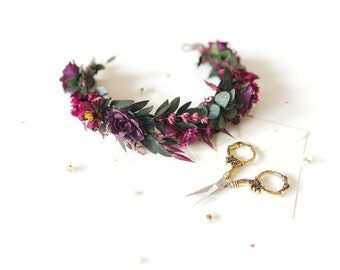 Dark purple wedding half wreath Burgundy wedding half wreath Bridal hair crown Wedding accessories Flower crown Bridal crown Autumn wedding