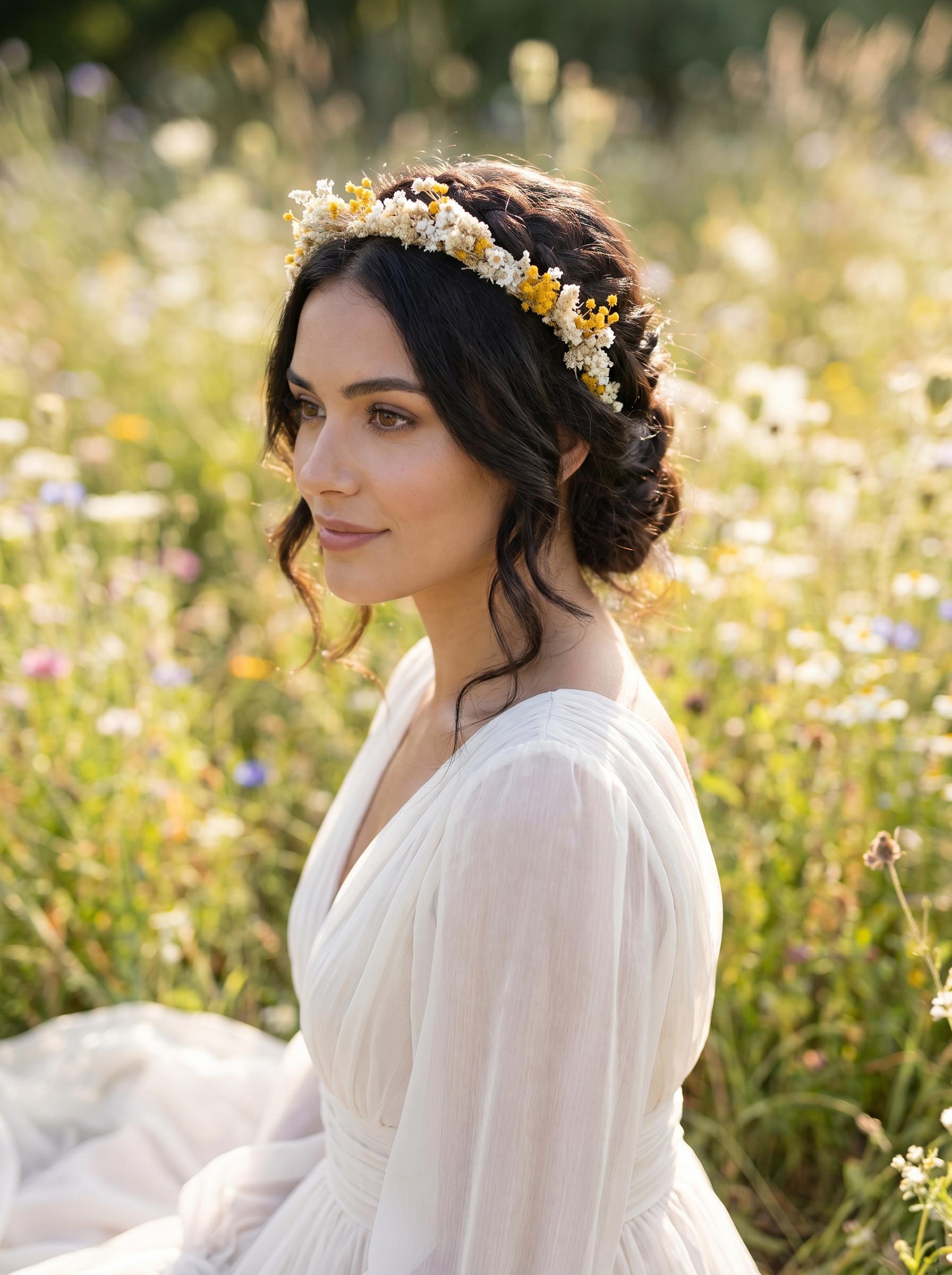 Hand Crafted White and Yellow Floral Hair Crown Yellow Ivory Flower Crown: Bridal Dried Floral Headpiece - Etsy main image 3