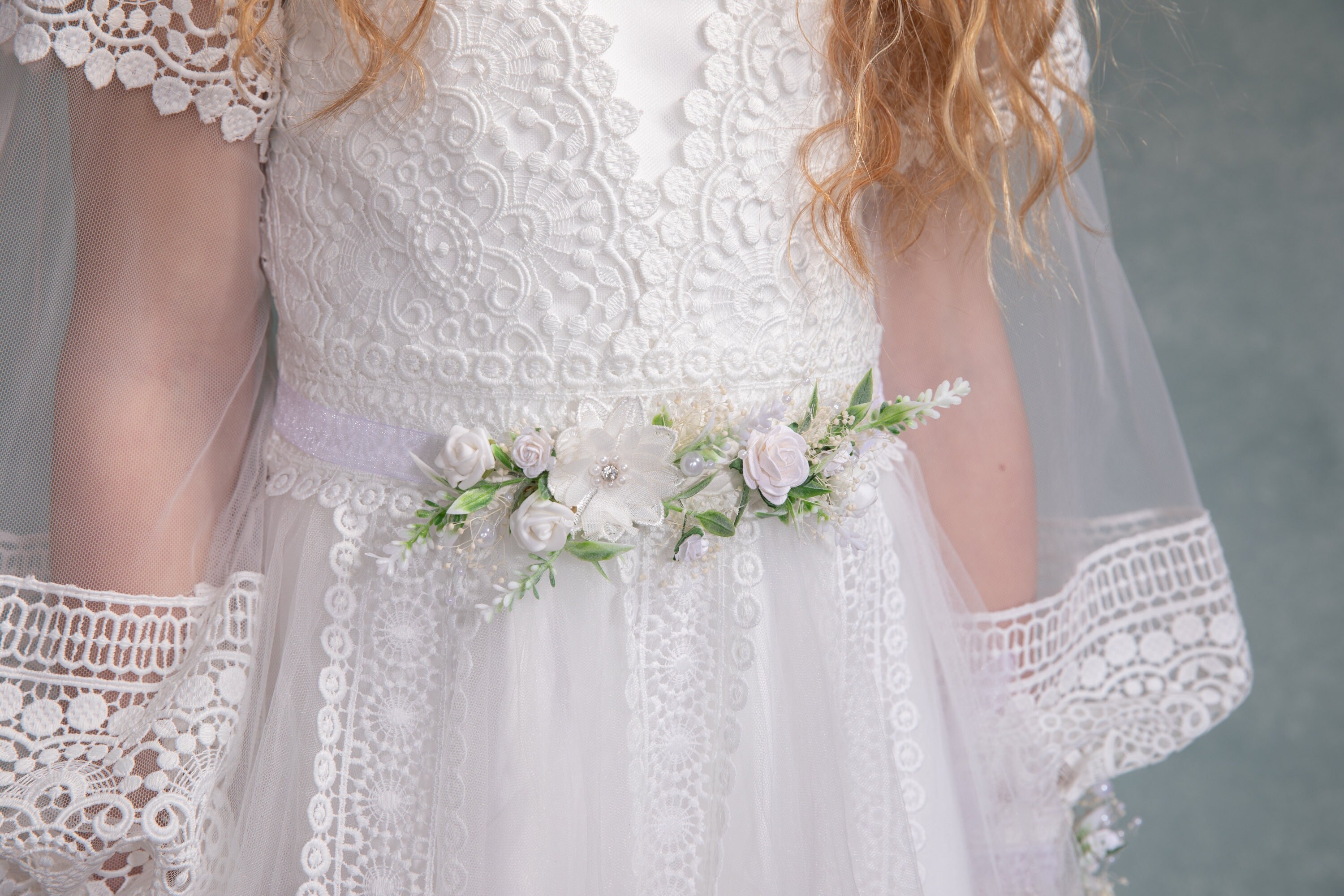 Floral First Communion Belt: White Flower Girl Dress Sash - Etsy display picture 3