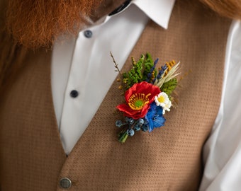 Folk groom boutonniere Meadow wedding boutonniere with poppy daisy cornflower Groom's corsage Slavic wedding Meadow bride Spring buttonhole