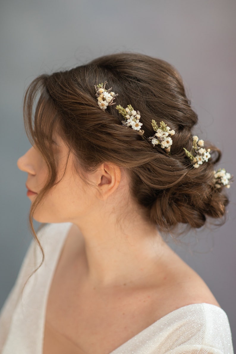 Épingles à cheveux de fleurs de verdure Boho épingles à cheveux de fleurs romantiques Épingles à cheveux de mariage séchées délicates Pinces à cheveux de mariée Accessoires de cheveux de mariage rustiques image 1