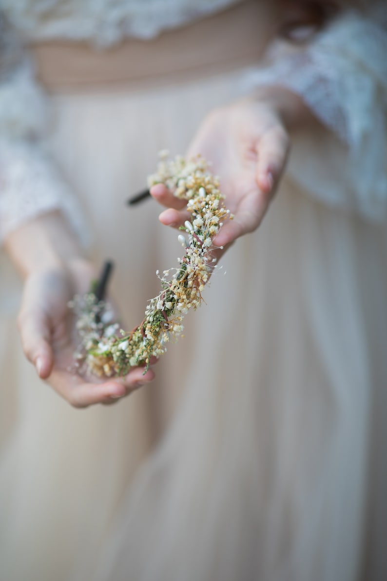 Beige natural dried headband Earthy flower hairband Gypsophila wedding headpiece Barn Rustic wedding Preserved flower headband Magaela image 3