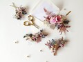 Pink Purple Flower Bridal Set: Boho Wedding Hair Comb, Boutonniere