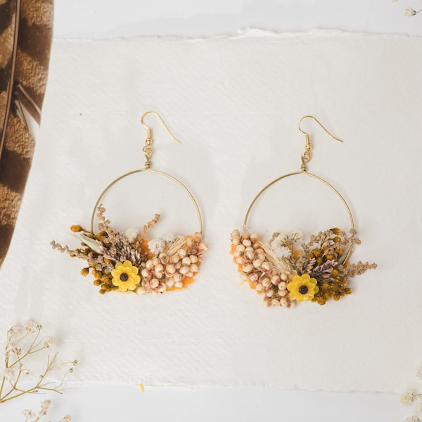 Flower earrings for bride in earthy colours and yellow accent Circle floral earrings 2021 Wedding Handmade dried flower jewelry Magaela