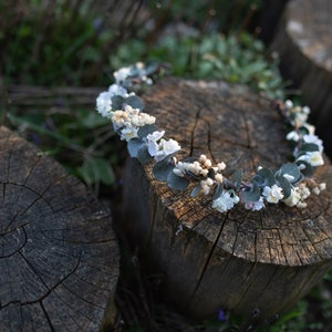 Greenery flower wreath with baby's breath Flower half crown with eucalyptus Bridal hair wreath Wedding half wreath Magaela accessories image 4