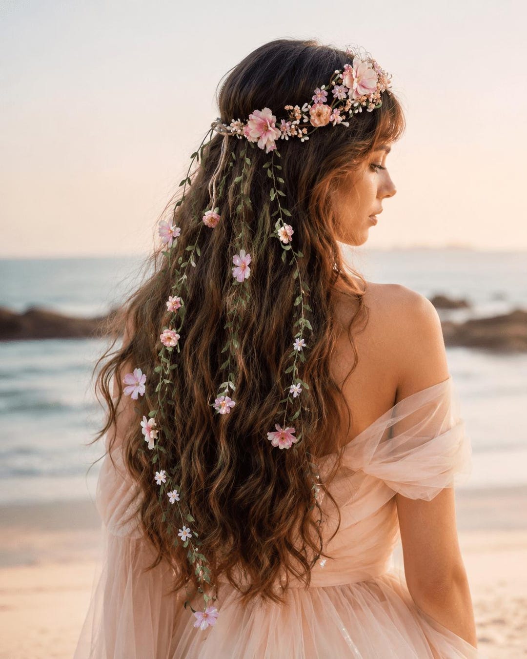 Romantic Flower Crown With Cascading Vines - Blush Pink Flower