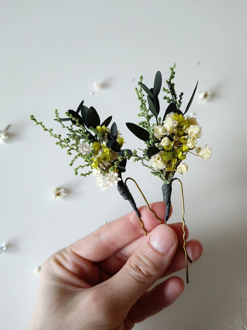 Meadow flower hairpins Greenery hairpins Preserved flower hairpins Bridal hair Cottagecore Hair accessory Natural design Meadowy design image 3