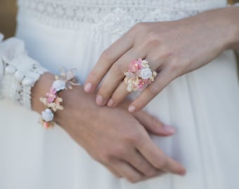 Romantic wrist corsage, Pink wedding jewellery, Flower wedding ring, Bridesmaid bracelets, Magaela, Bridal flower bracelet, Flower ring