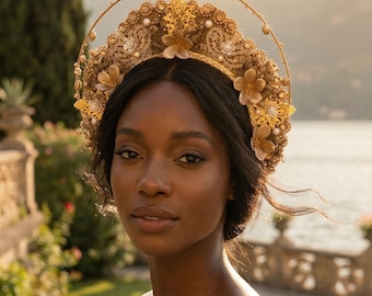 Luxury Golden Bridal Crown: Couture Flower Hair Jewelry