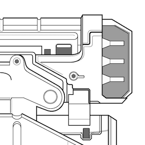 May include: A detailed line drawing of a mechanical part with a gray rectangular section. The part has a series of interlocking gears and a small lever.