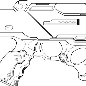 Puede incluir: Un dibujo en blanco y negro de una pistola futurista con un diseño detallado. La pistola tiene una empuñadura, un gatillo y un cañón.