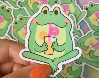 Glossy Frog Sipping Juice Sticker - Vinyl Laptop stickers, Cute stickers, Frog stickers, Water bottle stickers, Journaling stickers