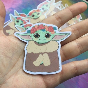 Baby Yoda Grogu Flower Crown Sticker - Mandalorian / Cute Vinyl Waterproof Fadeproof Sticker for Laptop Journal Hydroflask Phone Case Car