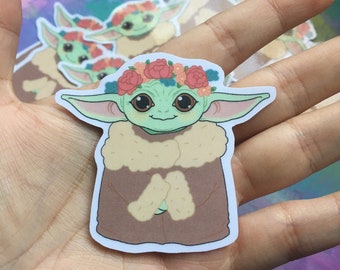 Baby Yoda Grogu Flower Crown Sticker - Mandalorian / Cute Vinyl Waterproof Fadeproof Sticker for Laptop Journal Hydroflask Phone Case Car