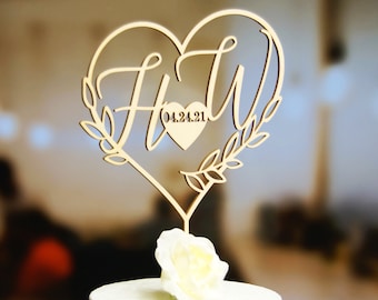 Personalized Two Initial in Heart with Floral Branches Cake Topper, Wedding-Anniversary-Bridal Shower Cake Topper/Gift, Different Finishes
