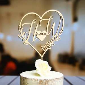 Personalized Two Initial in Heart with Floral Branches Cake Topper, Wedding-Anniversary-Bridal Shower Cake Topper/Gift, Different Finishes
