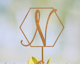 Personalized Elegant Hexagon Shape Cake Topper - Monogram Initial Letter Topper - Bridal Shower - Wedding-Anniversary-BD Rustic Cake Topper.