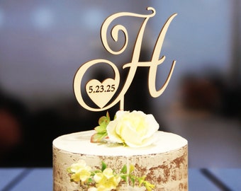 Initial Cake topper, Elegant Cake Topper - Personalized Letter Topper with Date - Wedding-Bridal Shower-Birthday Topper