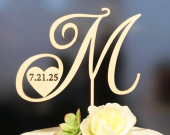 Initial Cake topper, Elegant Cake Topper - Personalized Letter Topper with Date - Wedding-Bridal Shower-Birthday Topper