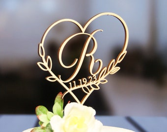 Personalized Initial with dated in Heart Floral Branches Cake Topper, Wedding-Anniversary-Bridal Shower Cake Topper/Gift, Different Finishes