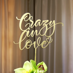 Pu&ograve; includere: Topper per torta dorato con le parole "Crazy in love" scritte in corsivo. Il topper ha un piccolo cuore alla fine della parola "love".