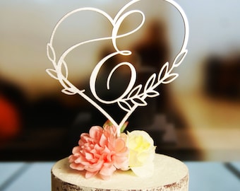 Initial Cake Topper, Personalized Two Initials in Heart with Floral Branches Cake Topper, Wedding-Anniversary-Bridal Shower Cake Topper