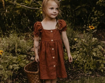 Robe en lin boutonnée à manches bouffantes pour fille | Couleur Rouille