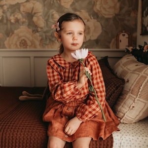 Girl Linen Long Sleeve Peter Pan Collar Blouse | Color Butternut Check