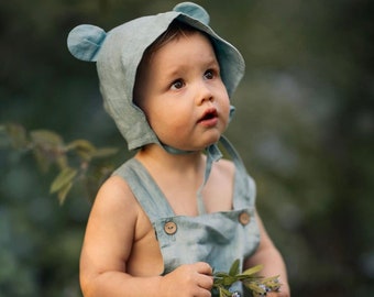 Baby Linen Bear Bonnet | Color Duck Egg Blue