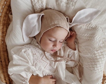 Baby Linen Bunny Bonnet | Color Beige with Milk Lined Ears