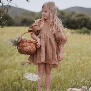 Linen Dress, Girl Linen Dress with Puff Sleeve | Color Latte